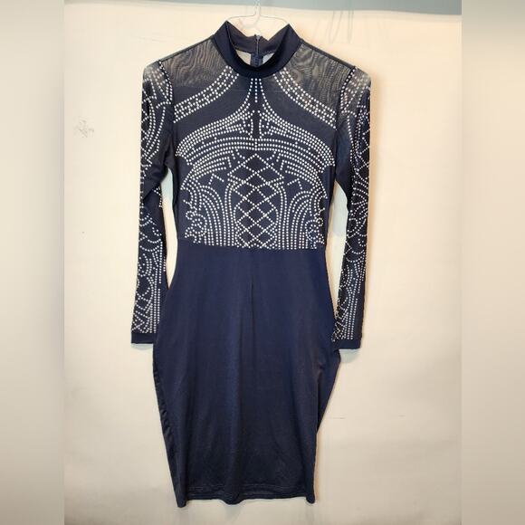 Blue Bodycon Mock Turtleneck Dress Fitted Sheer Back Sexy Dress Size M - Picture 3 of 7